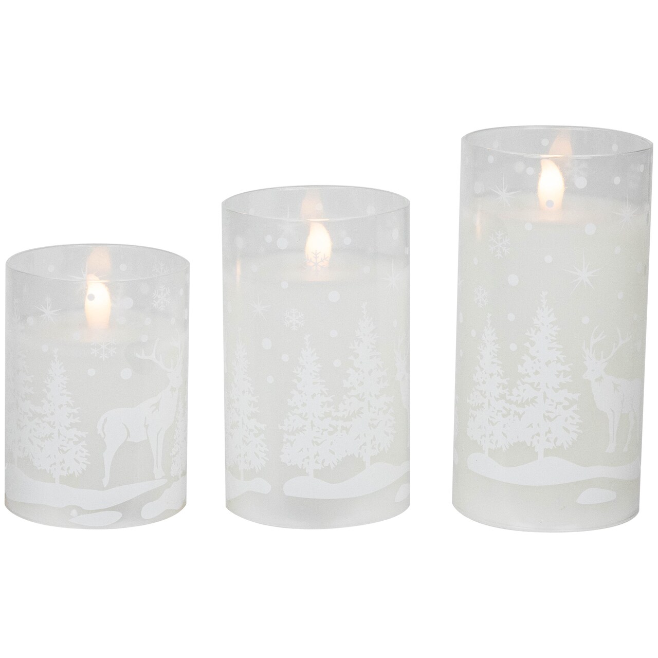 Northlight LED Flameless Flickering Snowy Woodland Glass Christmas Pillar Candles - 6" - Set of 3